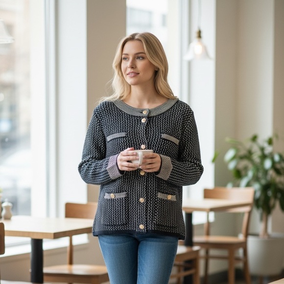 Elegant Black and White Cardigan Sweater - Picture 5 of 5